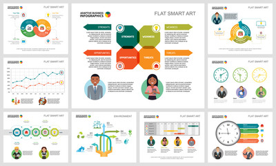 Colorful ecology or management concept infographic charts set. Business design elements for presentation slide templates. For corporate report, advertising, leaflet layout and poster design.