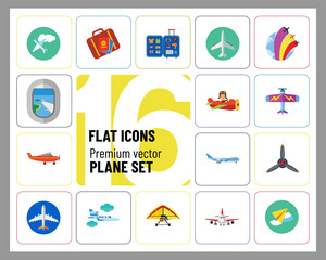 Poster - Plane Icon Set. Air Show Paper Plane Flying Machine Airplane Propeller Big Aircraft Jet Aeroplane Kids Plane Old Aeroplane Target Plane Window Airplane Front View Hang-glider