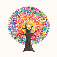 Colorful Hand Print Tree Concept For Social Help