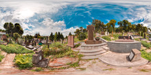 Old Cemetery In Summer. Graveyard With Green Trees Tombs In The Forest With Grass. 3D Spherical Panorama With 360 Degree Viewing Angle. Ready For Virtual Reality In Vr. Full Equirectangular Projection