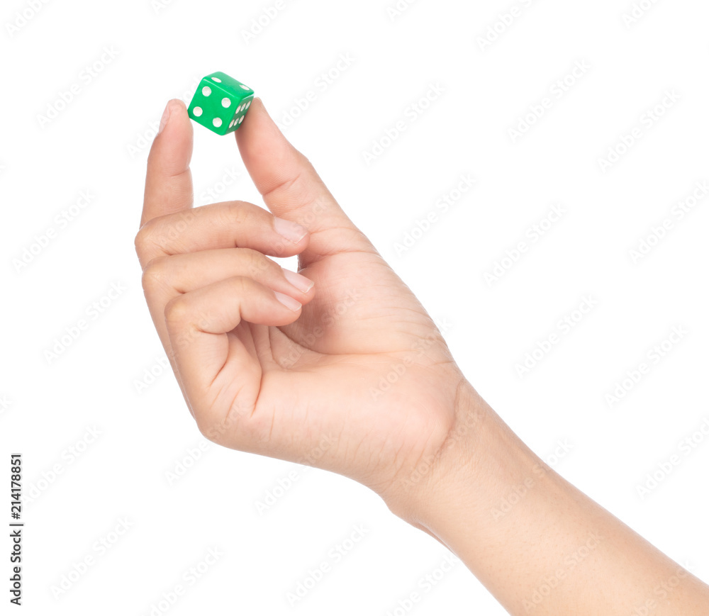 hand holding plastic dice isolated on white background. - obrazy, fototapety, plakaty 