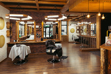 Modern Stylish Empty Barber Shop Interior With Mirrors