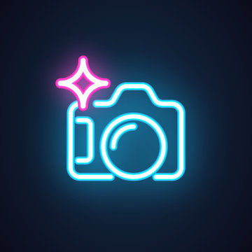 Photo camera neon icon isolated on black background. Studio concept label or interface pictogram for games, websites and mobile apps. Photography symbol. Vector illustration