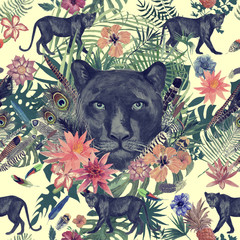 Seamless hand drawn watercolor pattern with panther, flowers, feathers, flowers.