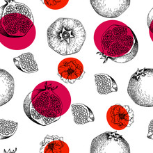 Seamless Vector Pattern Of Pomegranate Fruits And Flowers. Hand Drawn. Engraved Juicy Natural Fruit. Moisturizing Serum, Healthcare. Good For Cosmetics, Medicine, Treating, Package Design, Skincare.