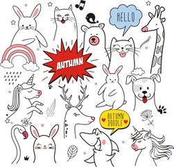 Wall Mural - Set of cartoon autumn in doodle style 