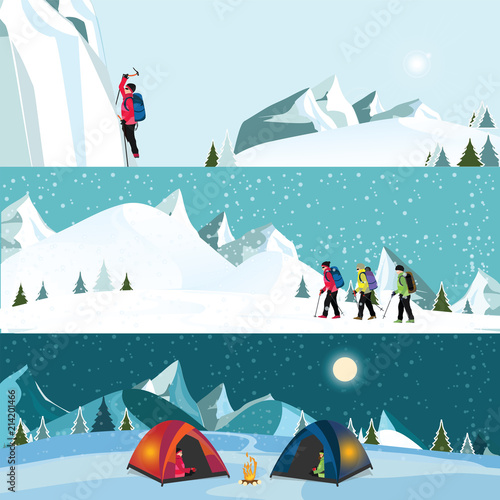 Cuadros en Lienzo Vector flat banner set of Ice climber