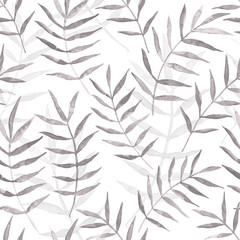 Watercolor tropical clip art with grey palm leaves organized in a seamless pattern