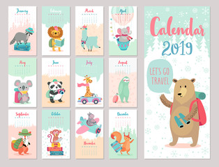 Poster - Calendar 2019. Cute monthly calendar with forest animals.