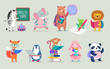 Back to school Animals hand drawn style, education theme. Cute characters. Bear, penguin, elephant, panda, fox and others.