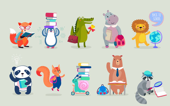 Fototapete - Back to school Animals hand drawn style, education theme. Cute characters. Bear, penguin, hippo, panda, fox and others.