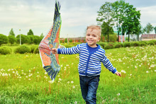 Happy Little Boy Smiling Running Across Park With Kite Bird Flying. Child Fun Playing Outdoors On Summer Or Spring Day.Joyful Childhood. Lifestyle. Attractive Kid Actively Recreation On Nature, Grass.