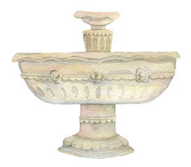 Antique garden urn. Vintage sculpture. Architectural element in victorian style. Isolated object on white background. Watercolor illustration 