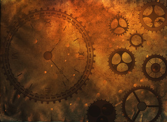 Steampunk clock compass on background with cogs, gears on canvas paper