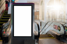 Blank Advertising Billboard At Airport,Mock Up Poster Media Template Ads Display In Subway Station Escalator