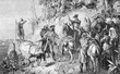 © acrogame - Vintage print, Spanish bandits waiting for ambush hidden  behind the road turn with guns and horses