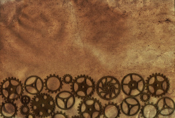 Frame vintage steampunk background, gears and cogs on canvas paper, old grunge