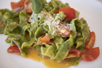 Tagliatelle pasta with fresh tomatoes and parmesan cheese