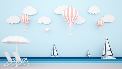 Beach bed on the beach with sailboat on the sea and balloons on the sky - Artwork for summer time - Illustration on the beach for holiday - Paper cut or craft style - 3D Illustration