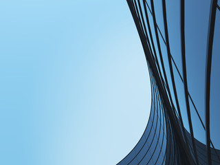 Wall Mural - 3D stimulate of high rise curve glass building and dark steel window system on blue clear sky background,Business concept of future architecture,lookup to the angle of the corner building.