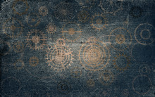 Vintage Steampunk Background, Cogs And Gears On Grunge Old Canvas Paper