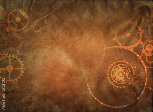 Steampunk vintage metal frame background with rusty grunge collage, cogs, dark e Wallpaper Mural