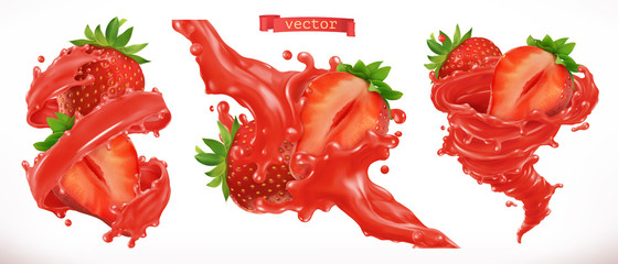 Wall Mural - Strawberry juice. Fresh fruit 3d realistic vector icon