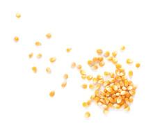 Raw Corn Kernels On White Background. Healthy Grains And Cereals