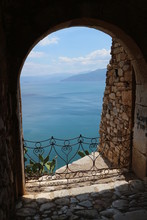 Beautiful Arch With Lattice And Azure Sea View, Naphlion, Greece