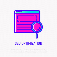 Wall Mural - seo optimization thin line icon: magnifier on web page. modern vector illustration.