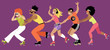 Group of young people dressed in 1970s fashion roller skating, EPS 8 vector illustration