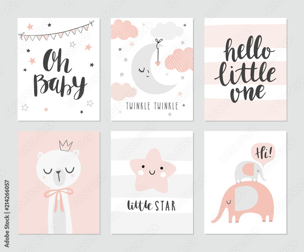 Obraz Set of cute baby shower cards including moon, clouds, star, elephants, bear and modern calligraphy phrases: hello little one and oh, baby. Vector illustrations for invitations, greeting cards, posters fototapeta, plakat