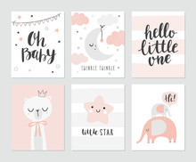 Set Of Cute Baby Shower Cards Including Moon, Clouds, Star, Elephants, Bear And Modern Calligraphy Phrases: Hello Little One And Oh, Baby. Vector Illustrations For Invitations, Greeting Cards, Posters