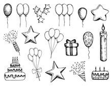 Holiday Attributes Set Of Hand-drawn Vector Drawings. Balls Gifts And Stars