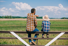 Back View Of Father And Son Sitting On Fence And Looking At Green  Field