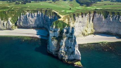 Poster - Drone view of a cliff side golf course next to the ocean in Etretat Normandie France