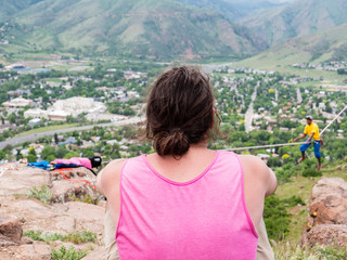 Wall Mural - Watching highline on cliff