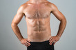 Muscular hairy male chest on grey background.