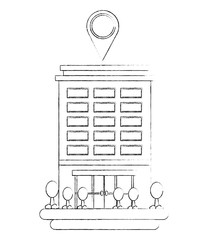 Poster - building structure with pin location and trees plants