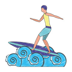 Wall Mural - man in surfboard with waves sea avatar character