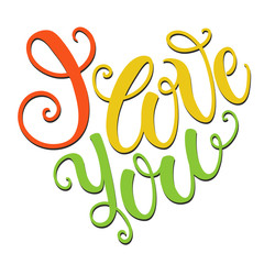 I love you doodle heart shaped hand lettering. Romantic background. Greeting card design template. Can be used for website background, poster, printing, banner. Vector illustration