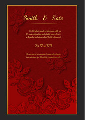 Wall Mural - Rose lace wedding card.Red rose vector art highly detailed in line art style.Wedding card lace style on red background.