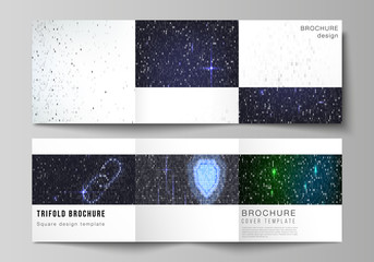 The minimal vector layout of two square format covers design templates for trifold square brochure, flyer. Binary code background. AI, big data, coding or hacker concept, digital technology background