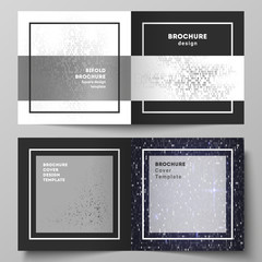 The black colored vector layout of two covers templates for square design bifold brochure, flyer, booklet. Binary code background. AI, big data, coding or hacker concept, digital technology background