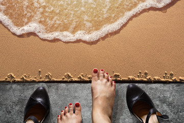 Wall Mural - Work Life Balance Concept, Business Woman take off her Working Shoes on the Concrete Floor in front of Sand for Walk into the Sea Beach. Top View