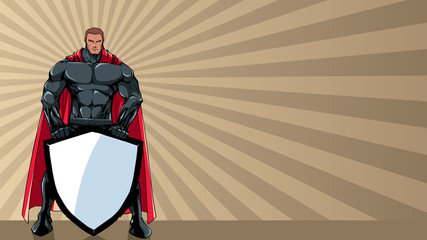 Poster - Powerful superhero holding big shield with copy space.