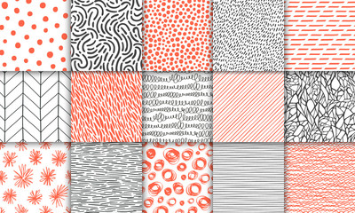 Wall Mural - Abstract hand drawn geometric simple minimalistic seamless patterns set. Polka dot, stripes, waves, random symbols textures. Bright colorful vector illustration. Template for your design