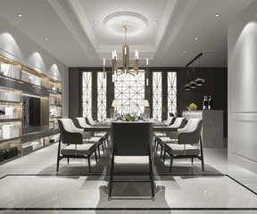 3d rendering modern and luxury dining room with tv