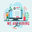 © Microstocker.Pro - We are hiring design template with laptop, cv and geometric shapes. Vector illustration.