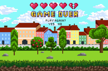 Game over pixel are design with city landscape, sky and trees. Pixel inscription 